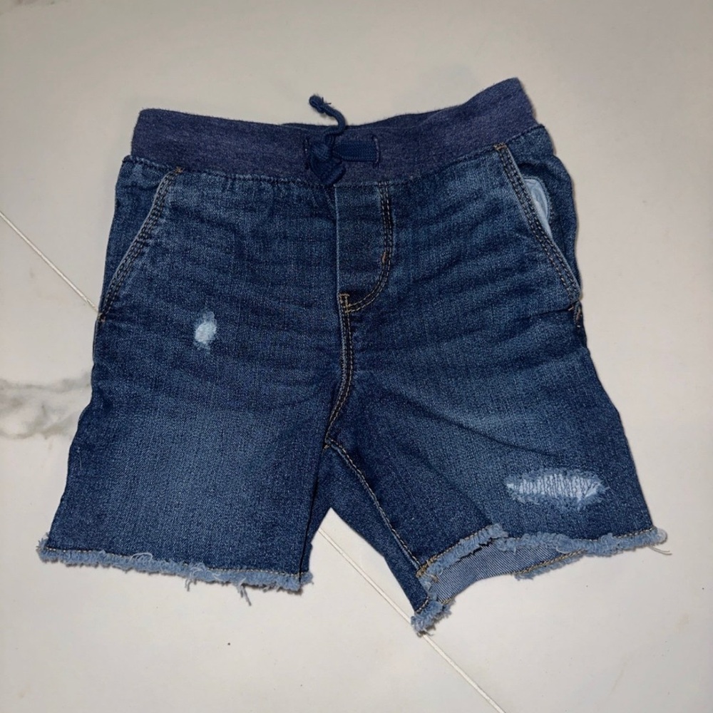 Denim Distressed Shorts with Blue Waistband